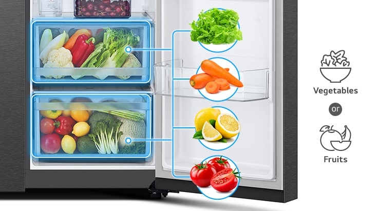 The 2 baskets below the refrigerator can store approximately 2 sorts of foods, which are veggies and fruits