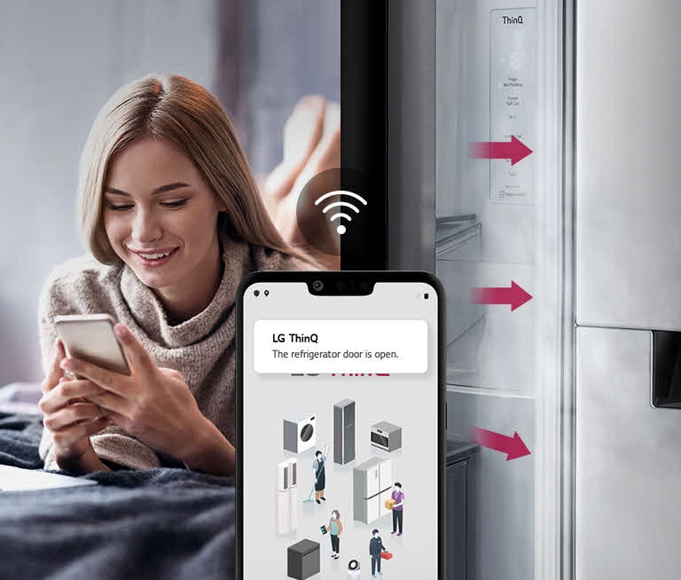 A woman lounges on a bed looking at her phone screen on one image. The second image shows that the refrigerator door has been left open. In the foreground of the two images is the phone screen which shows the LG ThinQ app notifications and the Wifi icon above the phone.