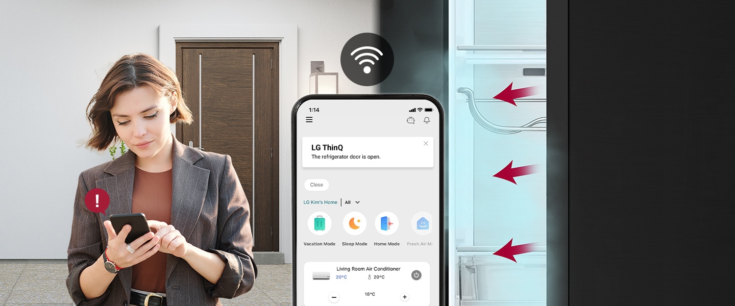 woman got notification that the refrigerator is opened when she just left her house.