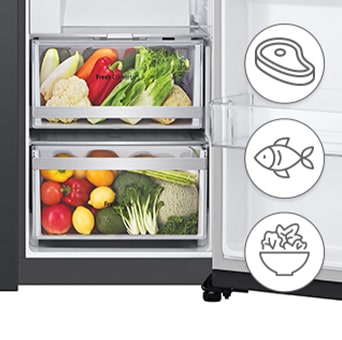opened lg side by side refrigerator with three food icons in front.