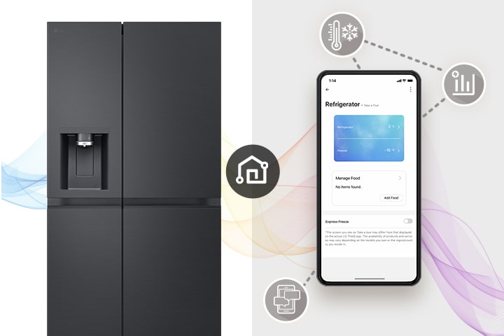 LG side by side refrigerator with lg thinq app on the right side.