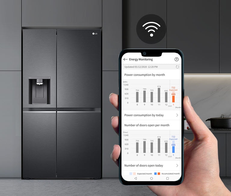 A kitchen with the refrigerator is in the background with a hand holding a phone in the foreground showing the LG ThinQ app. The app is showing the maintenance statistics. Above the phone is the Wifi icon.