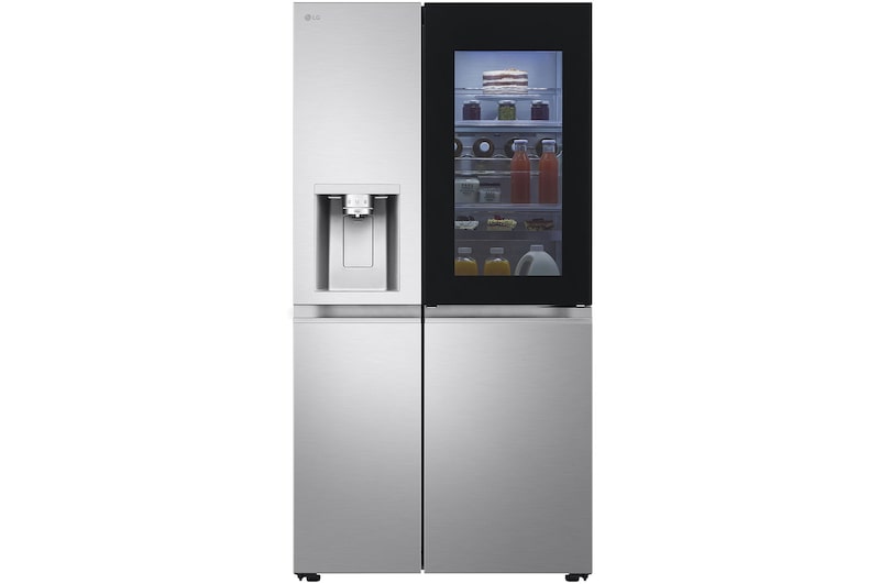 Front view of 628L InstaView™ Side-By-Side Fridge Freezer, Brushed Steel GSXE90BSAD