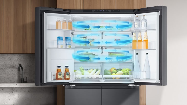 Fresh air from multi air flow circulates entire fridge part of lg multi door refrigerator.