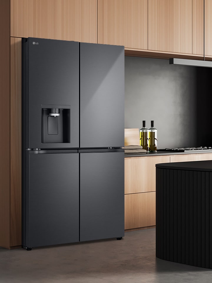 lg multi door refrigerator with instaview feature placed in a modern kitchen.