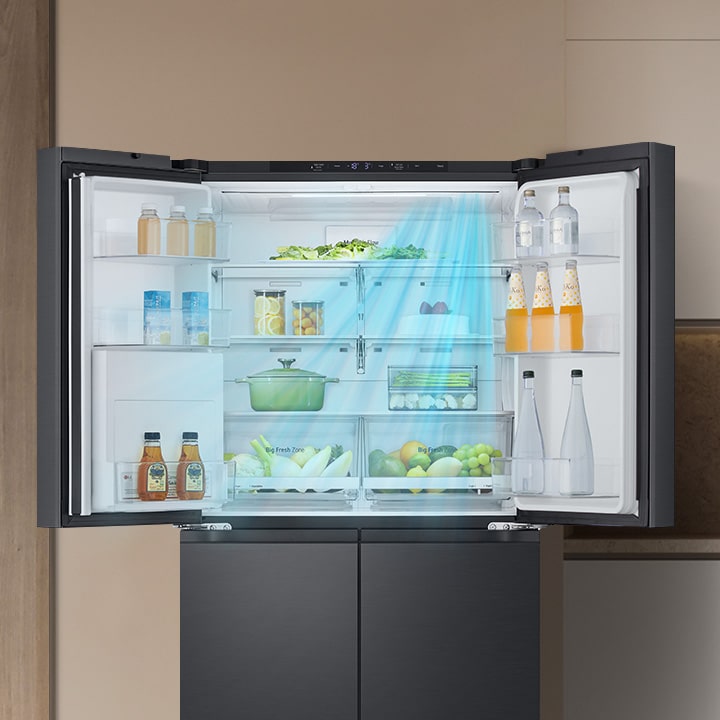 lg multi door refrigerator with instaview feature placed in a modern kitchen.