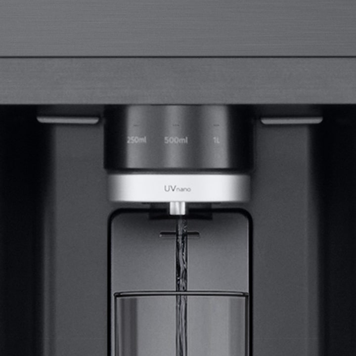 The lg refrigerator door is knocked on twice, and the InstaView light turns on, revealing the food items inside without opening the door.