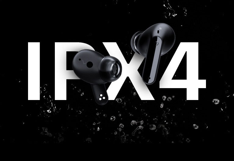 An image of earbuds with water droplets on top of the word IPX4.
