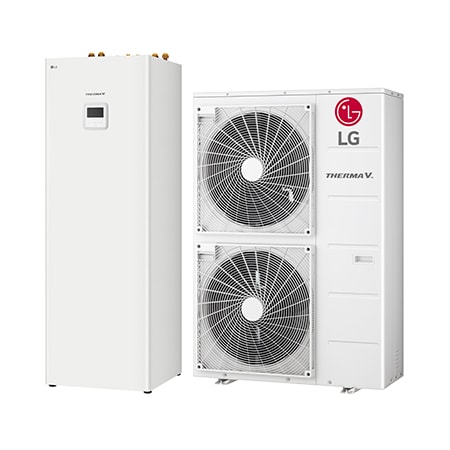 45 degree right side view of a white rectangular IWT indoor unit and a floor-standing outdoor unit with two round fans displayed side by side.