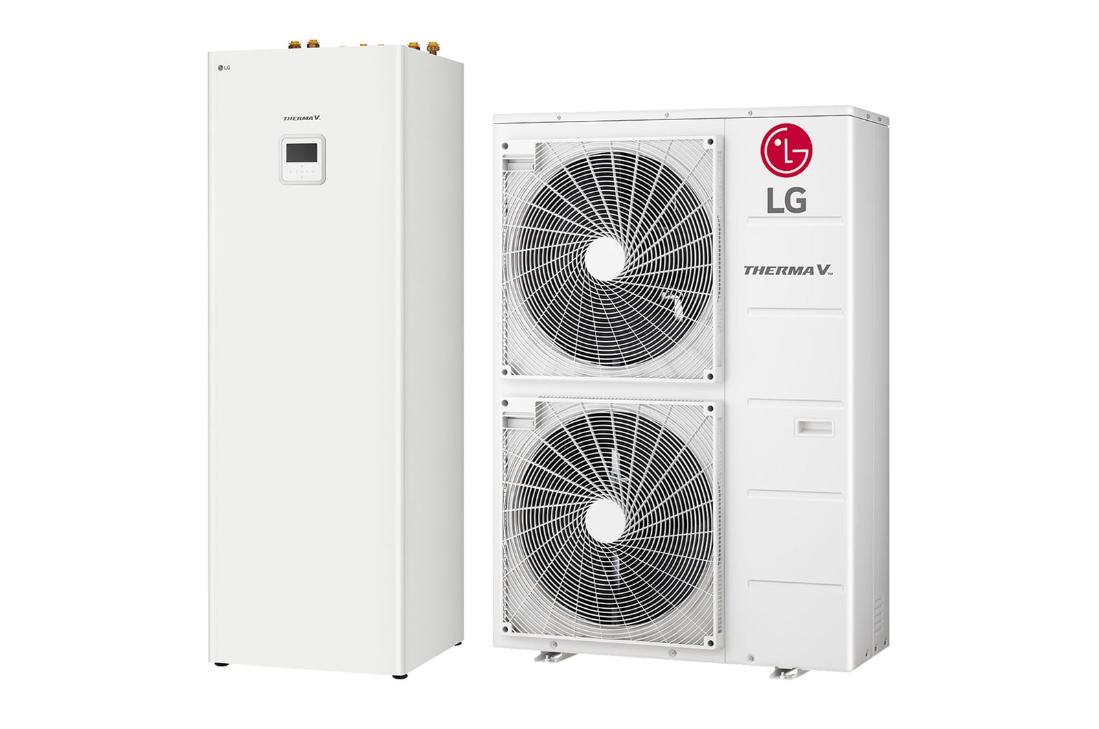 45 degree right side view of a white rectangular IWT indoor unit and a floor-standing outdoor unit with two round fans displayed side by side.