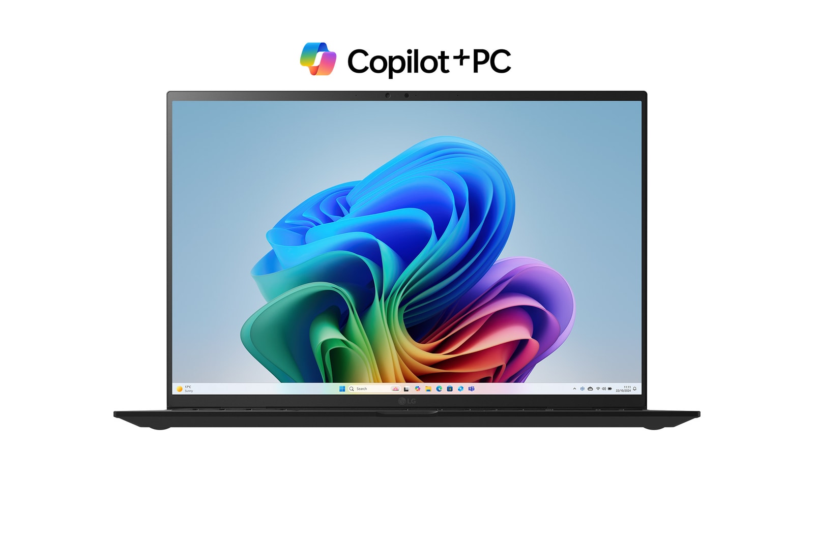 Front view of 17" LG gram AI Laptop, 32GB RAM, Intel® Core™ Ultra Processor, gram Hybrid AI, Obsidian Black with Copilot+ Bloom Wallpaper