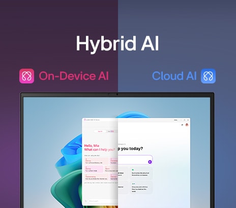 A split-screen image showcasing 'gram AI' with two distinct modes: 'gram chat On-Device' on the left, represented by a pink icon, and 'gram chat Cloud' on the right, represented by a blue icon. The screen displays an AI interface, symbolizing seamless AI functionality across both modes.