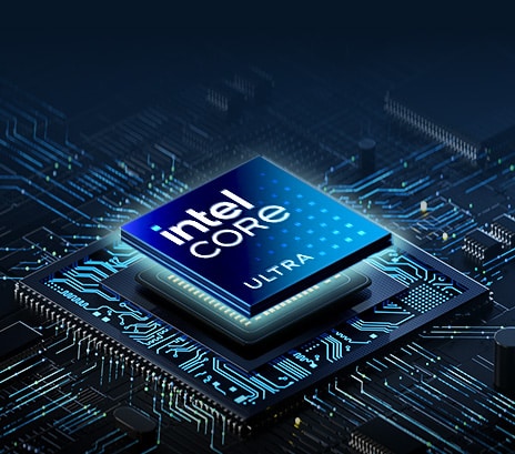 A close-up of an Intel Core Ultra processor embedded in a high-tech circuit board. The chip is surrounded by intricate circuitry with glowing blue lights, creating a futuristic and high-performance aesthetic.