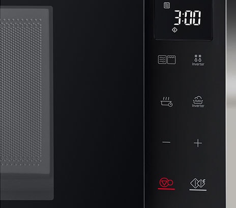 The image shows the front view of neochef microwave oven with a hand on the touch panel.