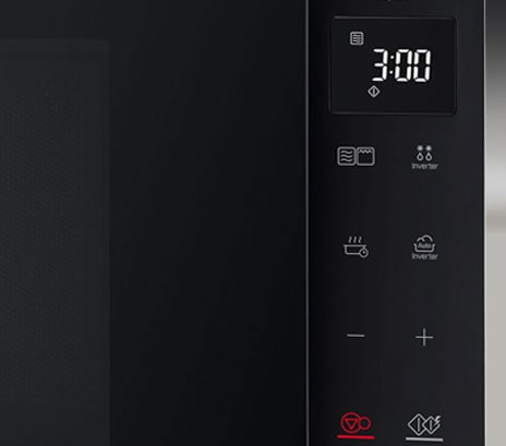 The image shows the front view of neochef microwave oven with a hand on the touch panel.