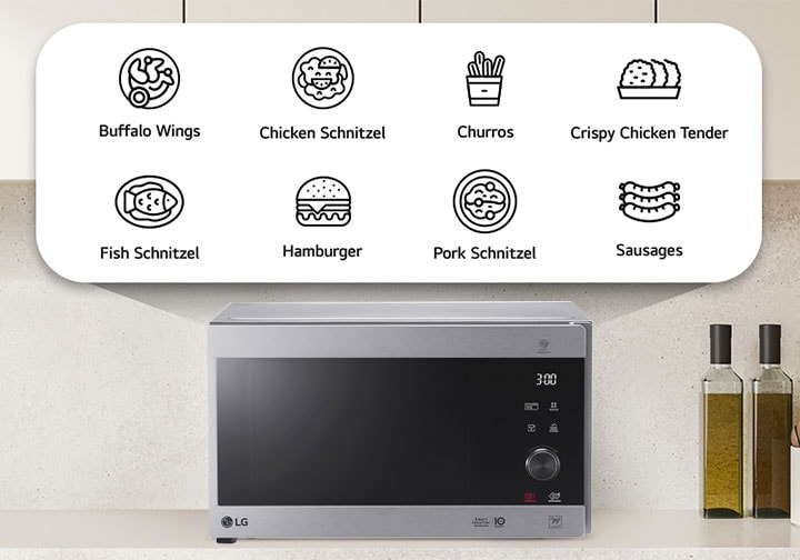 The front view of neochef microwave oven in the kitchen with eight different pre made Auto Cook menu option icons which are buffalo wings, chicken schnitzel, churros, crispy chicken tender, fish schnitzel, hamburger, port schnitzel, and sausages.