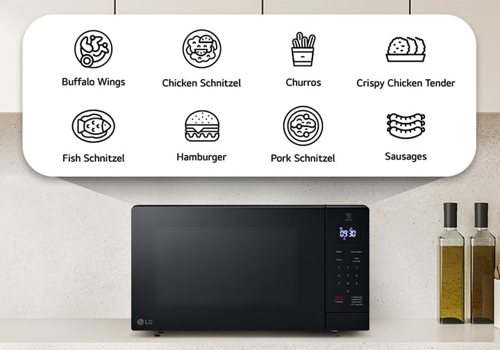 The front view of neochef microwave oven in the kitchen with eight different pre made Auto Cook menu option icons which are buffalo wings, chicken schnitzel, churros, crispy chicken tender, fish schnitzel, hamburger, port schnitzel, and sausages.