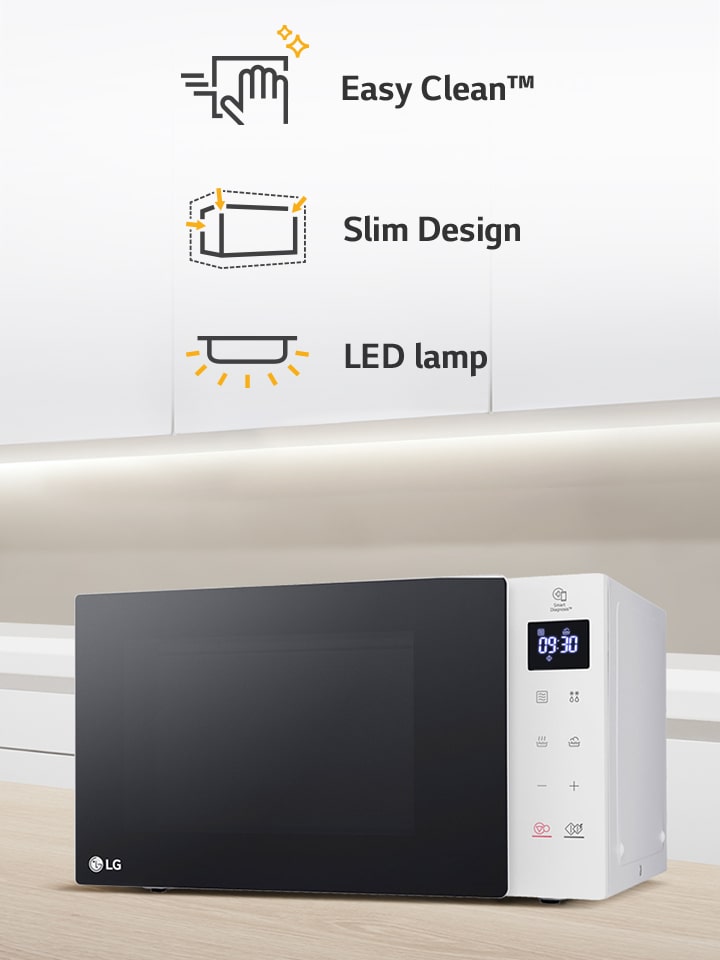 There is a microwave oven in the kitchen and icons representing three key features.