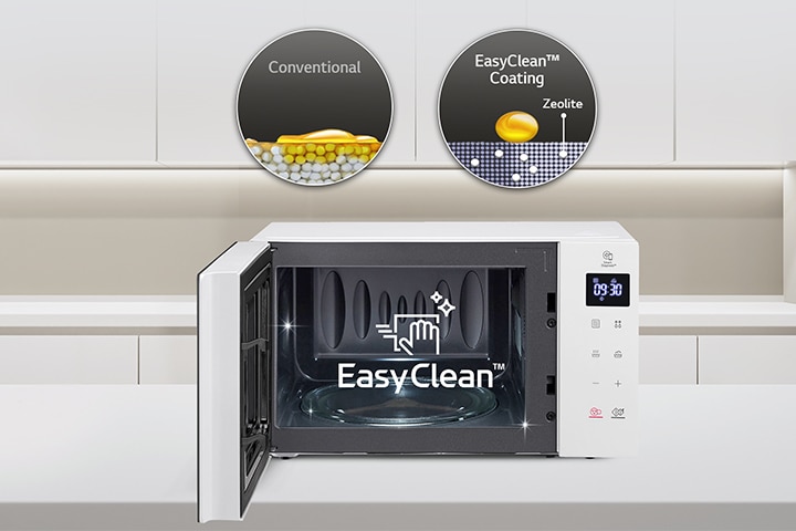 There is a microwave with an open door, and there is an explanation that is easy to clean inside.