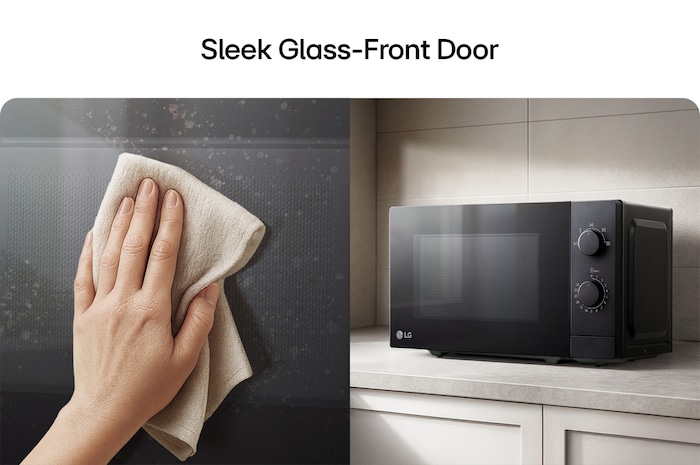 Microwave oven with sleek glass-front door design and easy cleaning surface