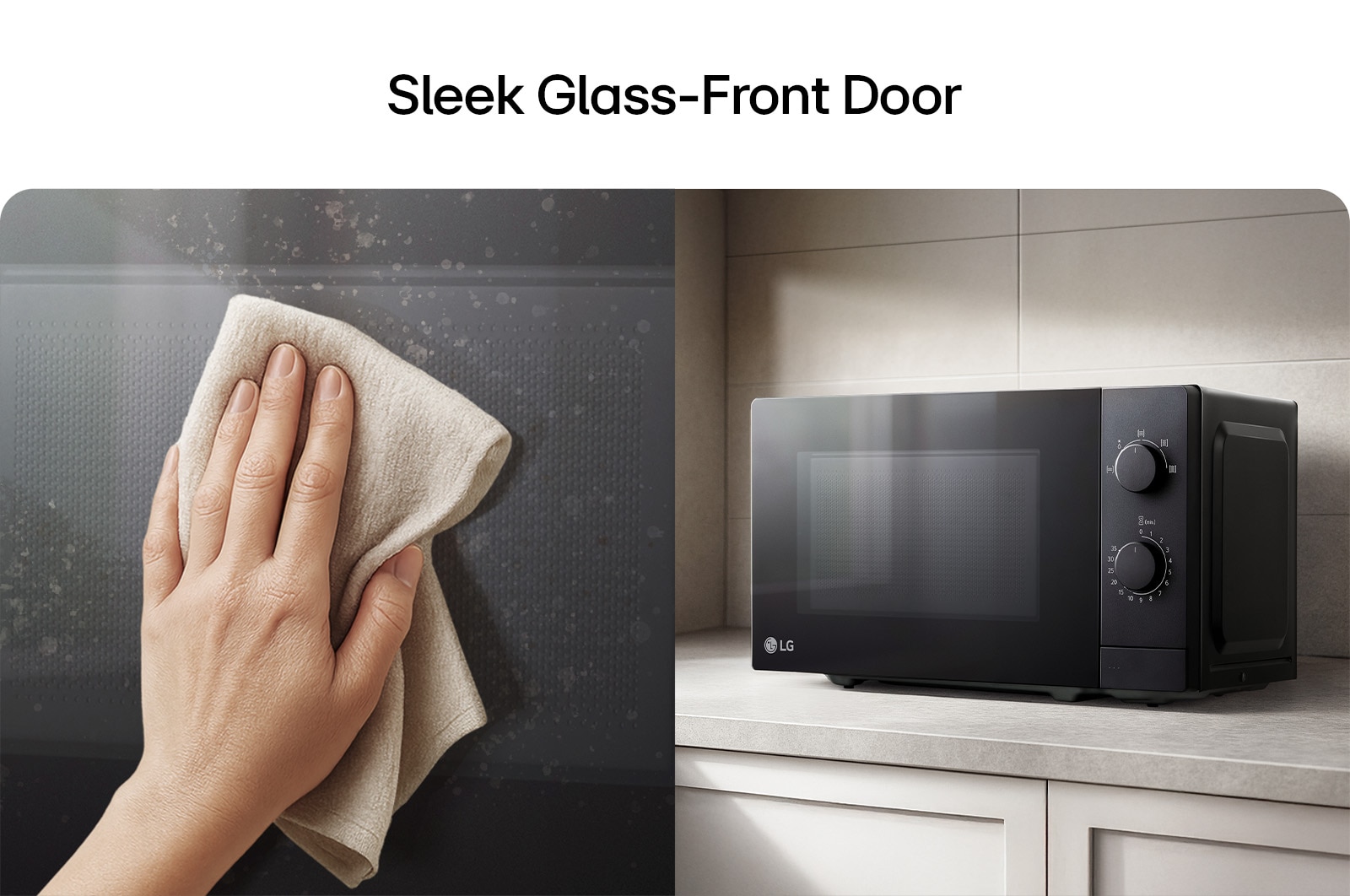 Microwave oven with sleek glass-front door design and easy cleaning surface