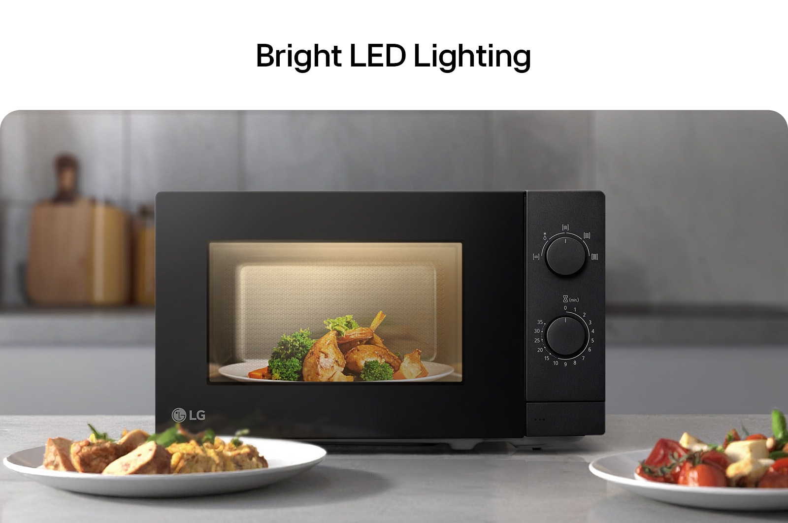 Microwave oven with bright LED lighting clearly showing food inside