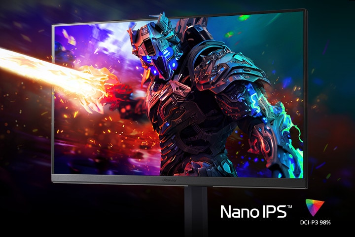 An image of a robot on a monitor with three-dimensional, dynamic colors.