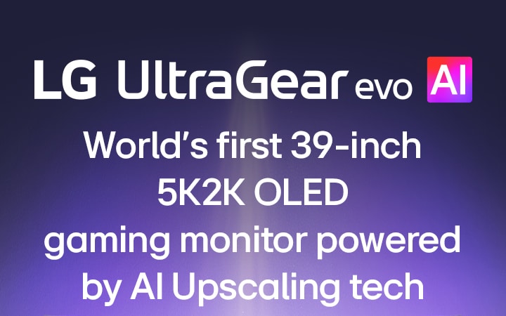 UltraGear™ evo AI logo in a futuristic, neon-lit room.