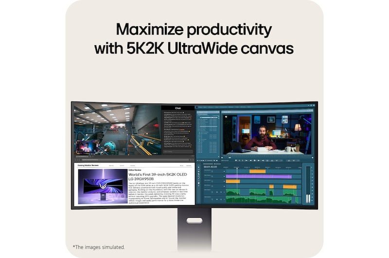 LG UltraGear 39GX950B 39-inch 5K2K ultra-wide curved OLED monitor displaying multiple windows for gaming, video editing, and browsing, highlighting enhanced productivity and multitasking.