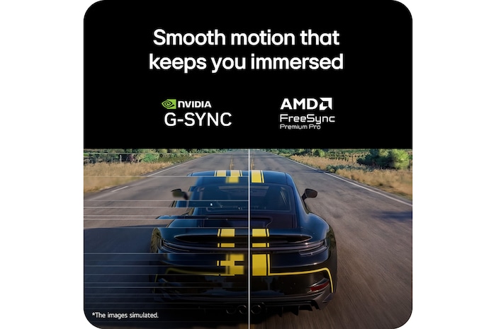 LG UltraGear 39GX950B curved OLED gaming monitor illustrating smooth gameplay with a racing scene, comparing screen tearing versus synchronized motion, highlighting NVIDIA G-SYNC and AMD FreeSync Premium Pro support.