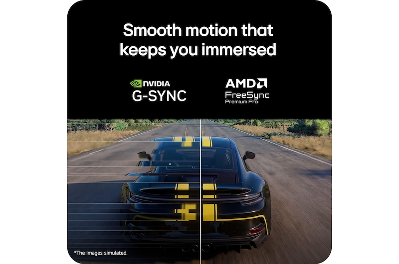 LG UltraGear 39GX950B curved OLED gaming monitor illustrating smooth gameplay with a racing scene, comparing screen tearing versus synchronized motion, highlighting NVIDIA G-SYNC and AMD FreeSync Premium Pro support.