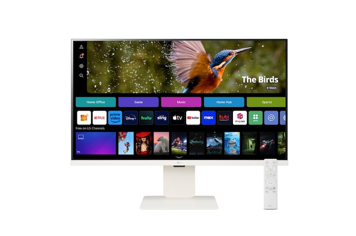 Front view of 32” LG Smart Monitor, 4K UHD IPS display, webOS, LG ThinQ, Screen Share, Bluetooth, White. (32SR83U)