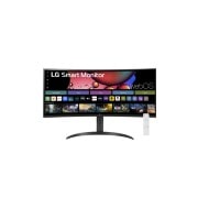 Front view of 34” LG Smart Monitor, Curved WQHD display, webOS, LG ThinQ, Screen Share, Bluetooth, Black. (34SR65QC)