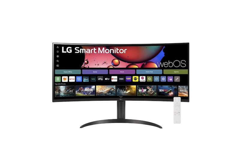 Front view of 34” LG Smart Monitor, Curved WQHD display, webOS, LG ThinQ, Screen Share, Bluetooth, Black. (34SR65QC)