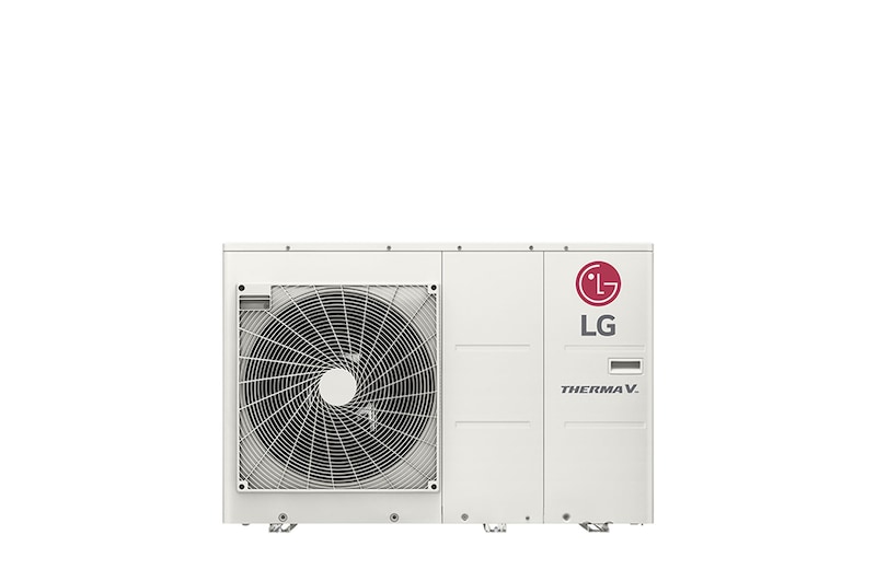 Front view of white rectangular LG R32 Monobloc S with one round fan and upper right LG logo.