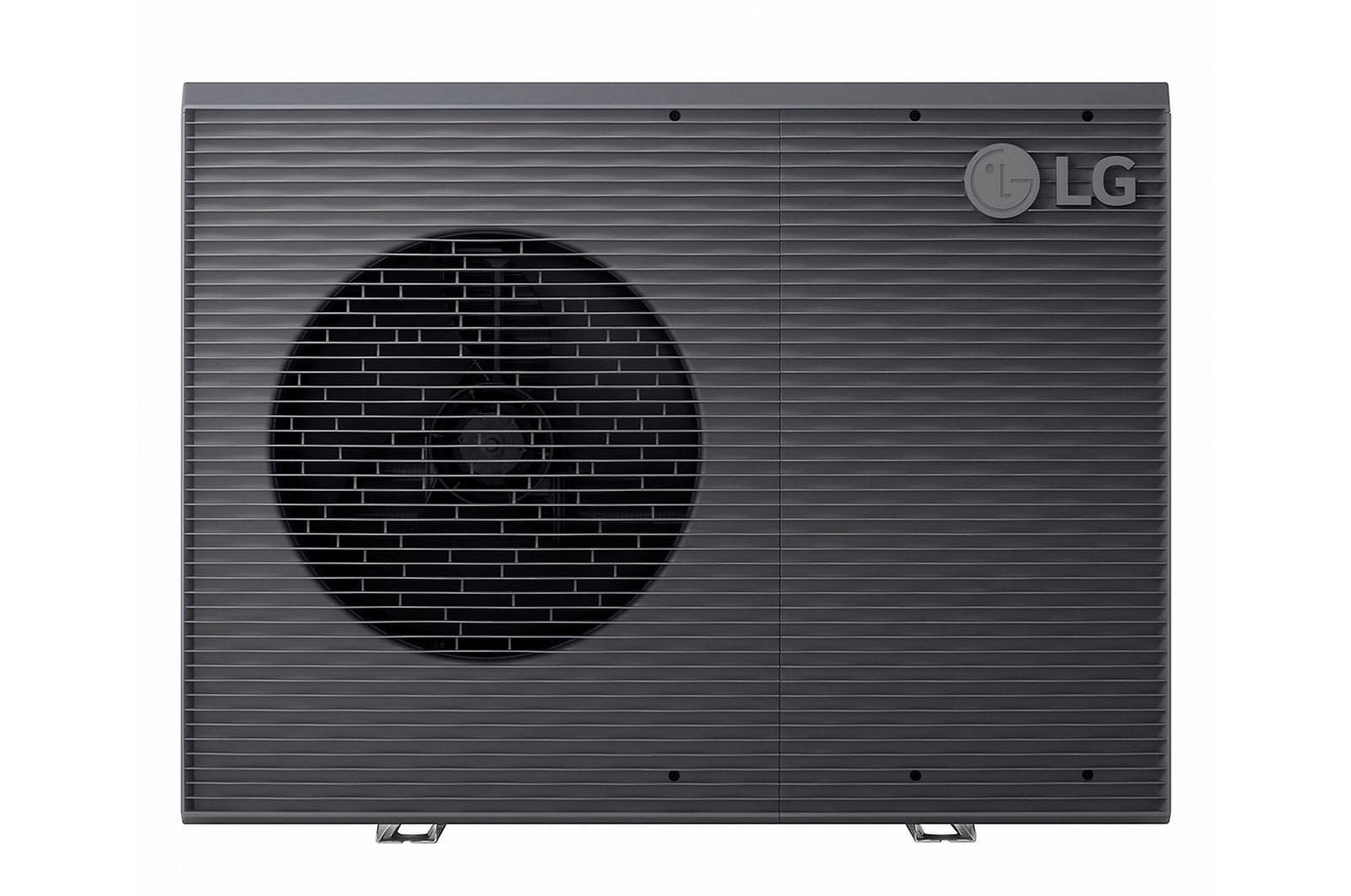 Front view of white rectangular LG R32 Monobloc S with one round fan and upper right LG logo.