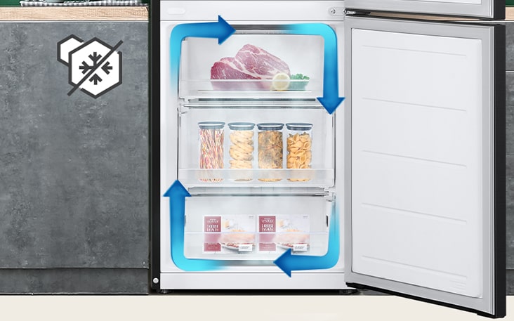 No-frost freezer with even cooling and circulated cold air to keep food fresh in all corners.