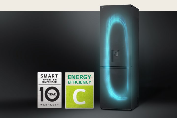 Refrigerator with efficient cooling system by smart inverter compressor and 10-year warranty label of compressor.