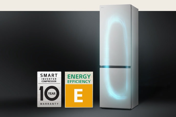 Refrigerator with efficient cooling system by smart inverter compressor and 10-year warranty label of compressor.