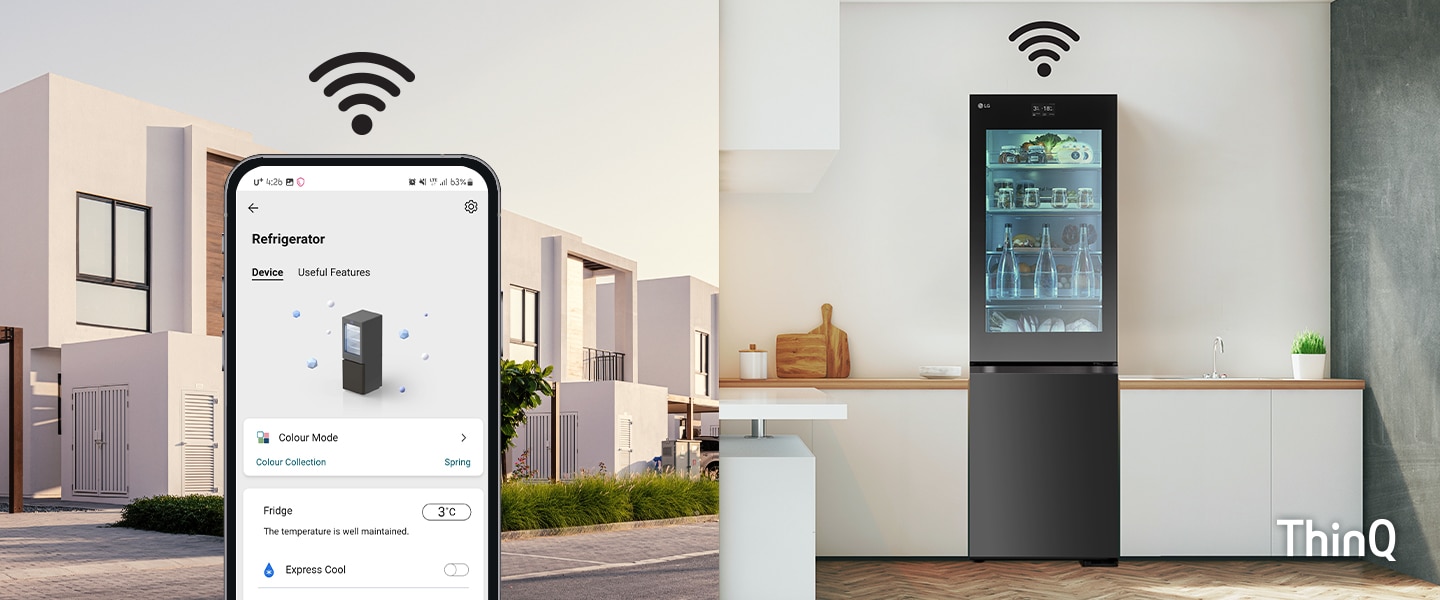 Split Image of a cell phone showing the screen of the refrigerator operation app in the outdoor background and a image of the kitchen background where the refrigerator is placed.