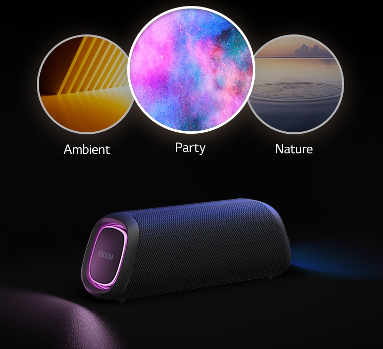 LG XBOOM Go XG7 with purple lighting is placed on the floor. On top of the speaker it shows three modes of Light studio; ambient, nature, and party.