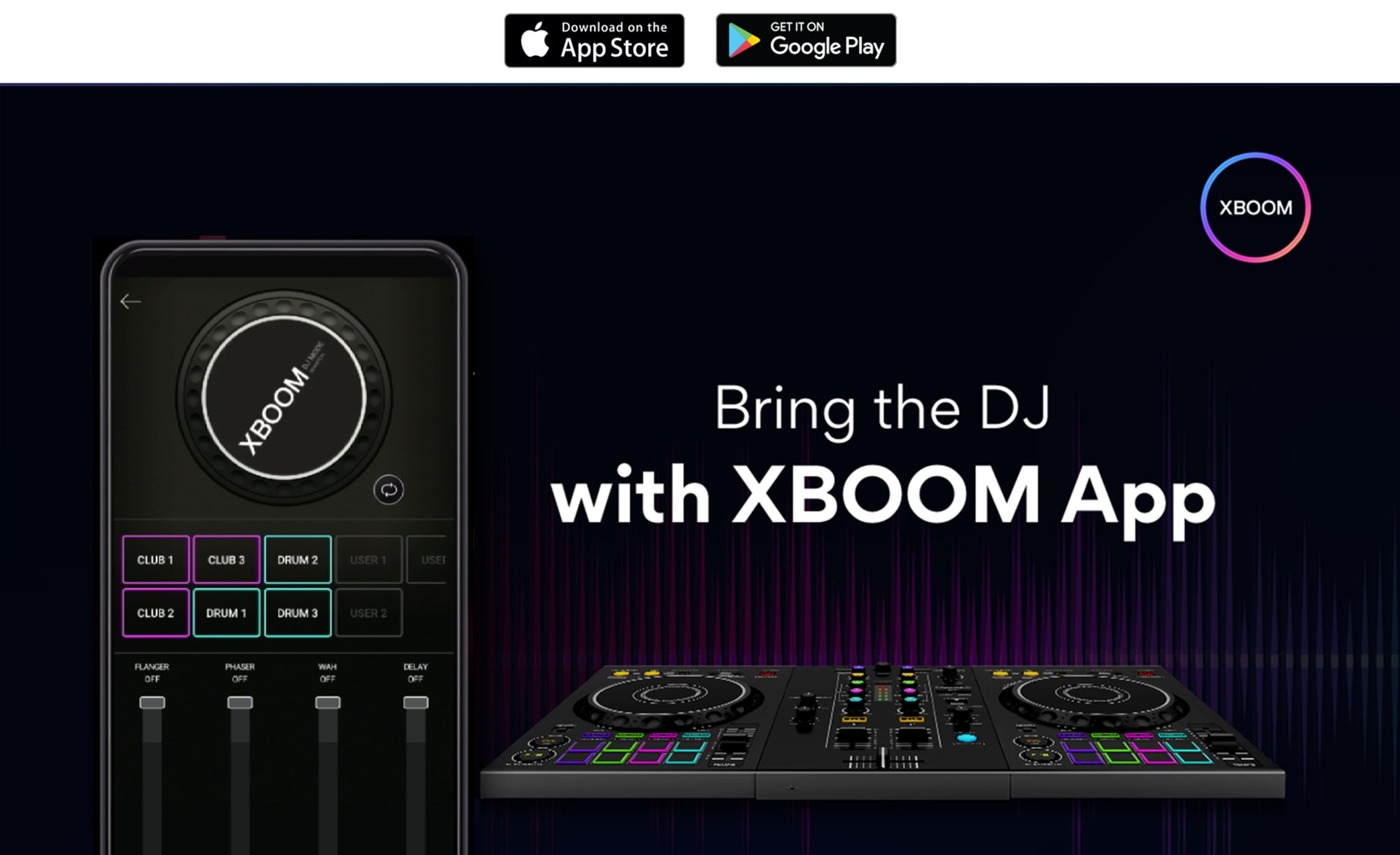 An image of a mobile phone showing the DJ MODE of the APP, and an actual DJ PAD next to it. At the top of the image is the XBOOM APP logo.