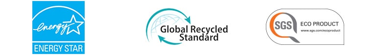 From left ENERGY STAR (logo), Global Recycled Standard (logo), SGS ECO PRODUCT (logo) are shown.