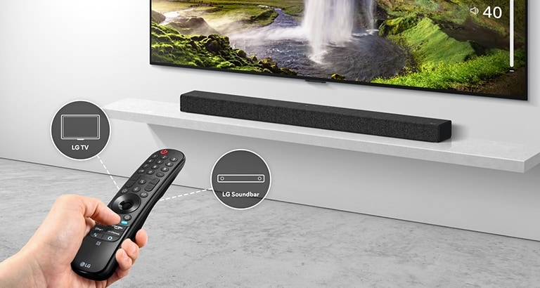There is a remote control in someone's hand, controlling TV and soundbar in the back. There are icons of LG TV and LG Soundbar.