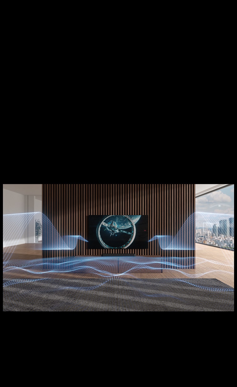 Variously figured blue-colored sound waves are being released from Sound Bar and TV.