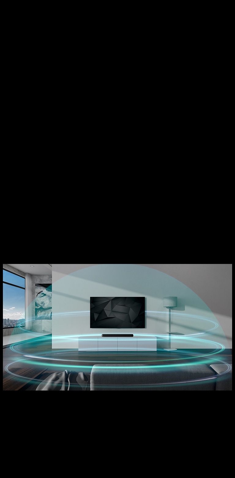 Blue dome-shaped, 3 layered sound wavers are covering Sound bar and TV hung on the wall in the living room.