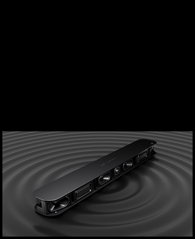 Image of 4 passive radiators placed inside of Soundbar . Underneath the Soundbar circled black waves are shown for illustraing its powerful bass sound.