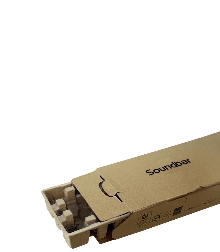 The Soundbar box is placed on the right side of picture, opened to show its EPS foam filling material.