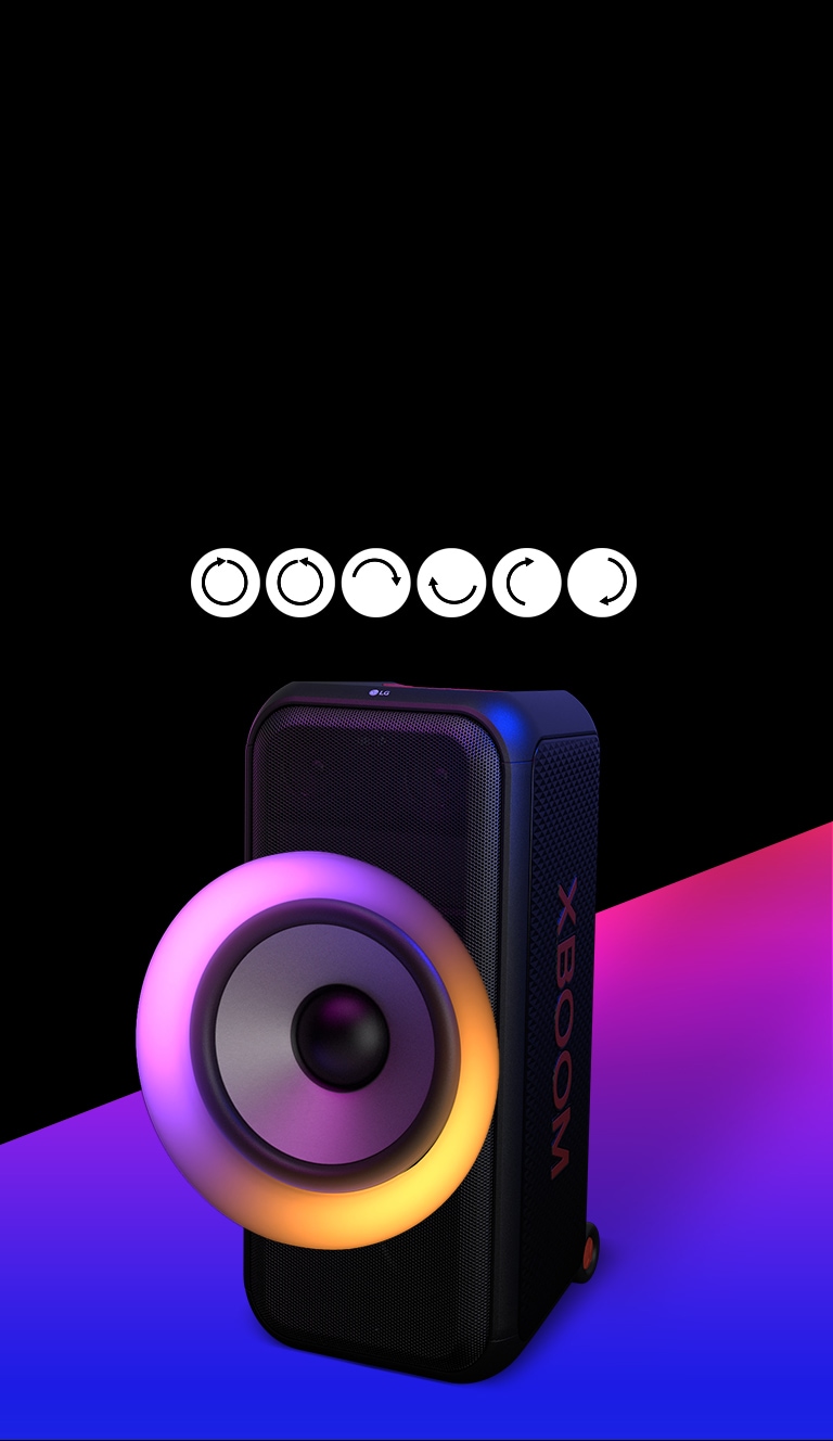Text is placed on the black colored area, and the pictogram of multi color ring lighting's movements are shown; clockwise, counter-clockwise, upper and lower semicircle, left and right semicircle, and flash effect. The speaker is placed 45 degree angle to the left. And there is purple gradient colored area underneath for design purpose. 8-inch woofer is exaggerated in order to highlight its various colors.