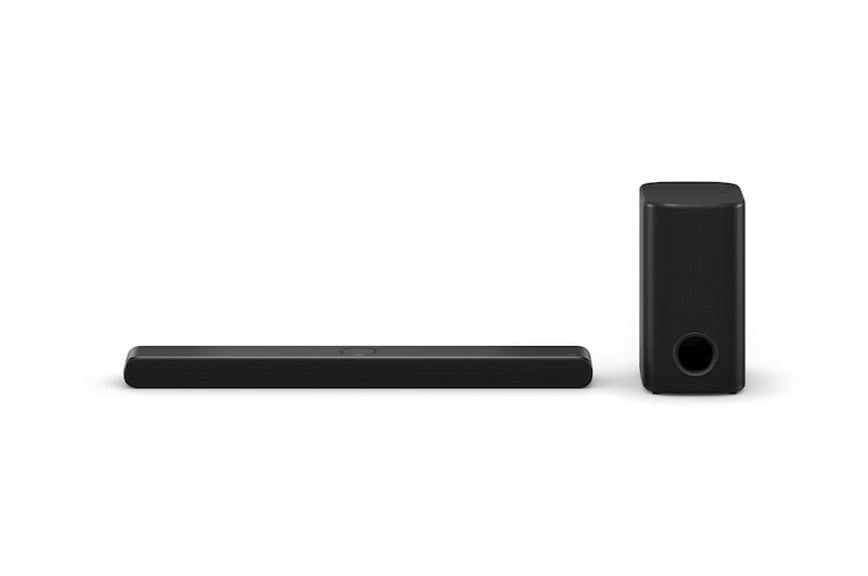 Front view of LG Soundbar US70TR, subwoofer, and Rear Speakers
